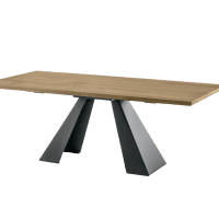 Tavolo moderno in laminato con base in metallo nero, ideale per ambienti living e sale da pranzo eleganti.