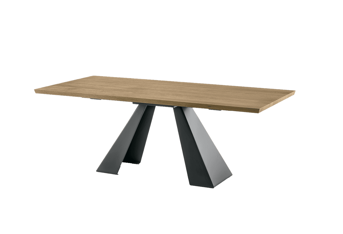 Tavolo moderno in laminato con base in metallo nero, ideale per ambienti living e sale da pranzo eleganti.