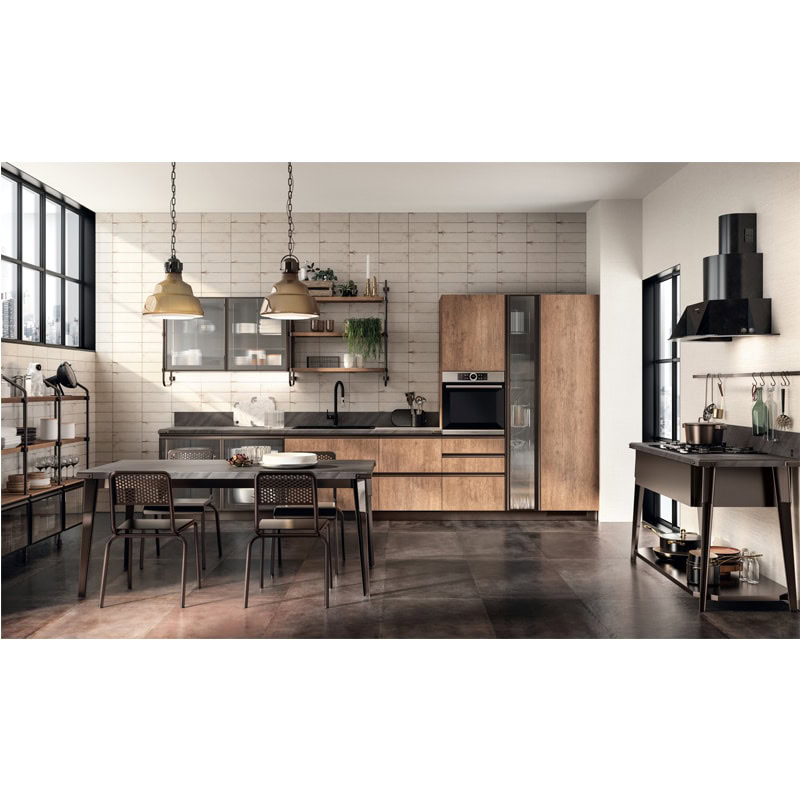 3 Elegante cucina moderna in stile minimal con mobili in legno chiaro, piano di lavoro nero e illuminazione industriale, ambientazione di design per un interior esclusivo.