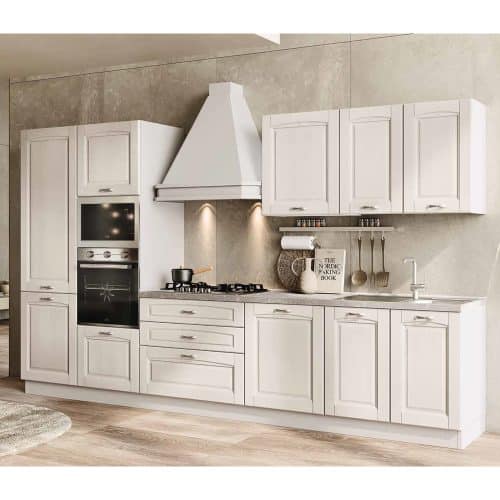 Cucina moderna bianca con elettrodomestici integrati e piano cottura a gas, ideale per la cucina contemporanea.