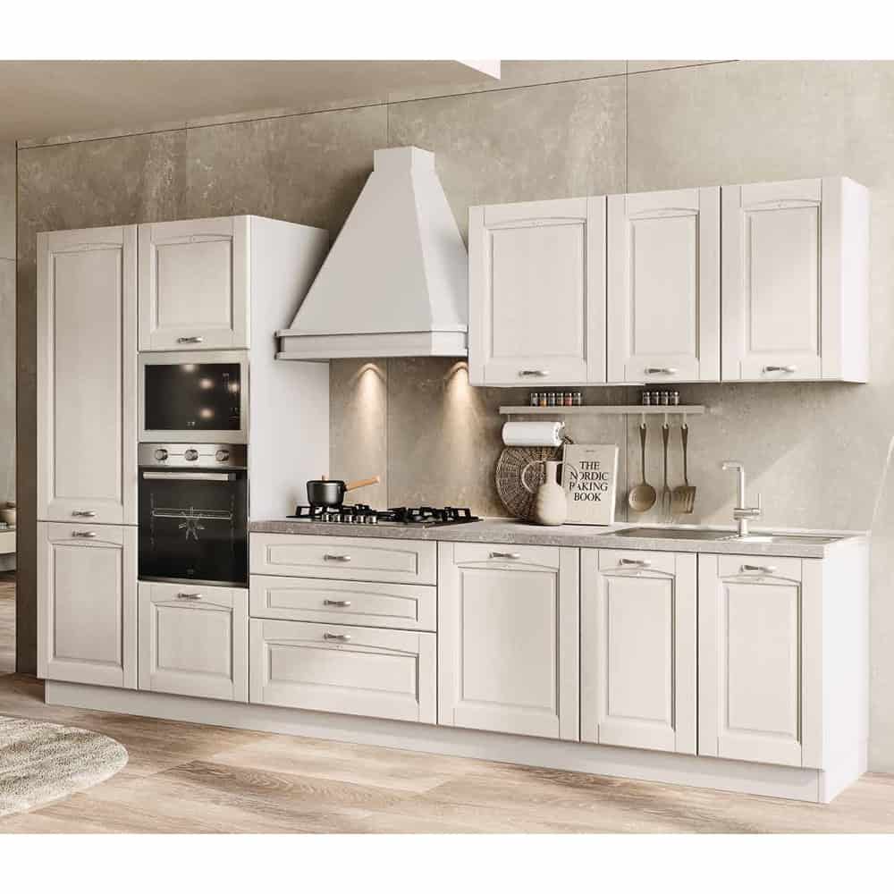 Cucina moderna bianca con elettrodomestici integrati e piano cottura a gas, ideale per la cucina contemporanea.