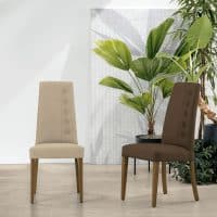 Due sedie BELLINZONA di Alpe Arredi, una beige e una marrone, in un ambiente luminoso con piante verdi e sfondo bianco.