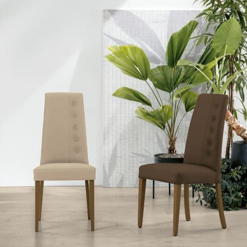 Due sedie BELLINZONA di Alpe Arredi, una beige e una marrone, in un ambiente luminoso con piante verdi e sfondo bianco.