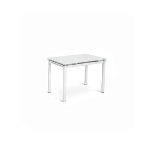 Tavolo in vetro trasparente con struttura bianca, ideale per ambienti moderni e eleganti, parte della collezione Alpe Arredi.