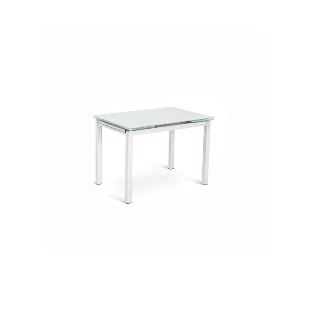 Tavolo in vetro trasparente con struttura bianca, ideale per ambienti moderni e eleganti, parte della collezione Alpe Arredi.