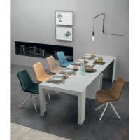 Tavolo da pranzo moderno con sedie colorate e decorazioni minimaliste, ideale per ambienti contemporanei.