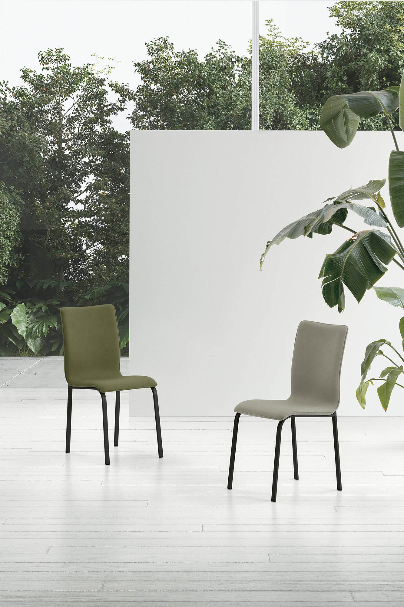 Due sedie moderne GLAMOUR NEW in tonalità verde oliva e beige, sfondo bianco e piante, stile minimalista per interni contemporanei.
