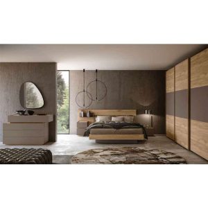 Elegante camera da letto moderna con mobili in legno naturale, arredi minimalisti e atmosfera rilassante, ideale per design di interni di alta qualità e stile contemporaneo.