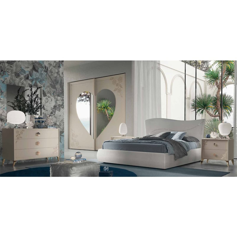 GDO 515 Set da letto moderno con camere da letto in stile minimalista e arredi eleganti, illuminazione soffusa e decorazioni floreali, ideale per ambienti di design e comfort.