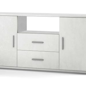 Mobile porta TV bianco in stile moderno con cassetti e ante, perfetto per arredamento living minimalista e funzionale, ideale per la casa o l'ufficio.