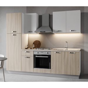 Cucina moderna in legno chiaro e grey, arredi su misura, piani in pietra, elettrodomestici integrati, illuminazione diretta e design minimalista per ambienti funzionali e eleganti.
