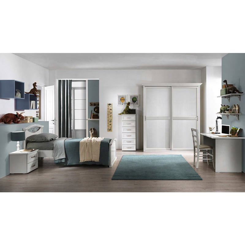 afrodite 01 Letto singolo con contenitore, decorazioni in stile junior, armadio a due ante e zona studio con scrivania, perfetti per camere da ragazzi moderni e funzionali - Alpe Arredi.