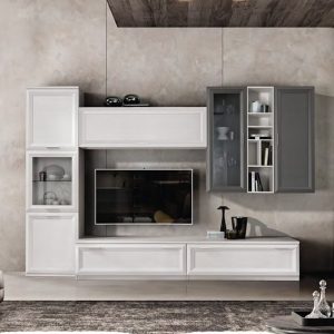 Mensola e mobile TV moderni in legno bianco e grigio, elementi di arredo per il soggiorno, design elegante e funzionale, decorazioni e librerie in stile contemporaneo.