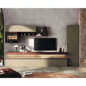 Elegante soggiorno con mobili su misura Alpe Arredi, pensili e arredo TV in stile moderno, atmosfera accogliente e design raffinato, perfetto per ambienti di prestigio.