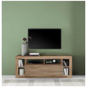 Elegante mobile TV in legno massello con scomparti aperti, perfetto per arredare soggiorni moderni e funzionali, con finitura naturale e design minimalista.