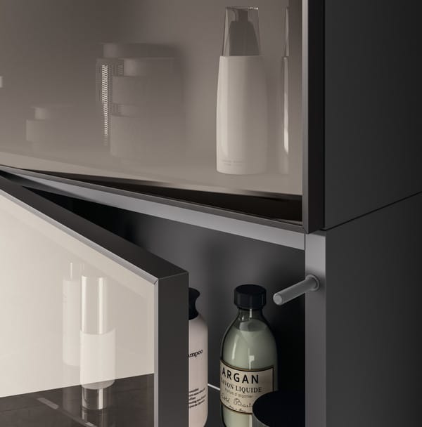 AQUO_pag_45_A L'immagine mostra una porta di un armadio moderno con ripiani interni che contiene prodotti di design, ideale per arredi bagno e cucina di alta qualità.