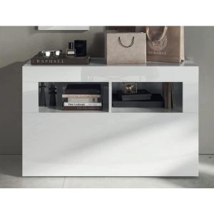 Elegant white modern sideboard with open shelves displaying decorative books and accessories, perfect for contemporary living rooms and home entryways.