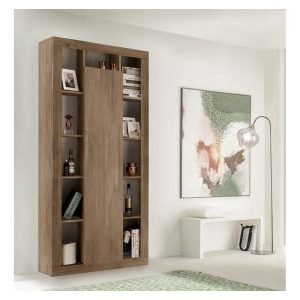 Elegante libreria in legno con ante scorrevoli, perfetta per arredare soggiorni e salotti moderni, ottimale soluzione di stile e funzionalità. site: alpearredi.it.
