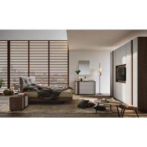 Elegante camera da letto moderna con arredi Alpe Arredi, pareti in legno e ambientazione minimalista, ideale per arredamenti di alta qualità e design italiano.
