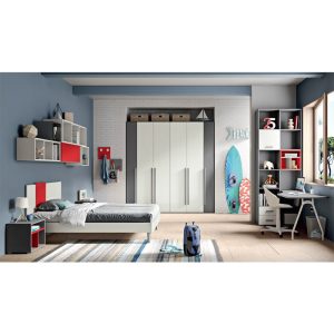 Elegante camera per ragazzi con arredi moderni in tonalità grigio e bianco, decorazioni colorate, zona studio e spazio per il gioco, perfetta per ambienti giovani e dinamici.