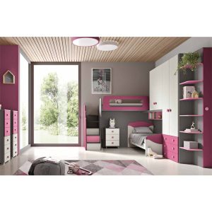 Letto a castello per bambini con armadio e scaffali, design moderno in colori rosa e grigio, arredamento funzionale e spazioso, perfetto per camere da kids room, stile giovane e vivace.