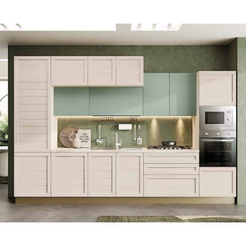 Cucina moderna Elsa h240 con ante bianche e dettagli in verde acqua, dotata di forno, microonde e piano cottura, ideale per ambienti contemporanei.