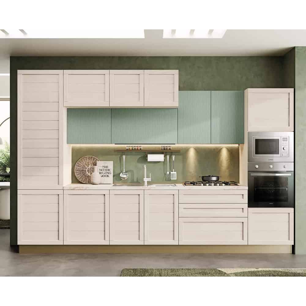 Cucina moderna Elsa h240 con ante bianche e dettagli in verde acqua, dotata di forno, microonde e piano cottura, ideale per ambienti contemporanei.
