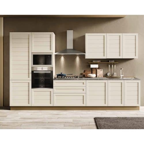 Cucina moderna Alpe Arredi con ante bianche e elettrodomestici integrati, ideale per ambienti eleganti e funzionali.
