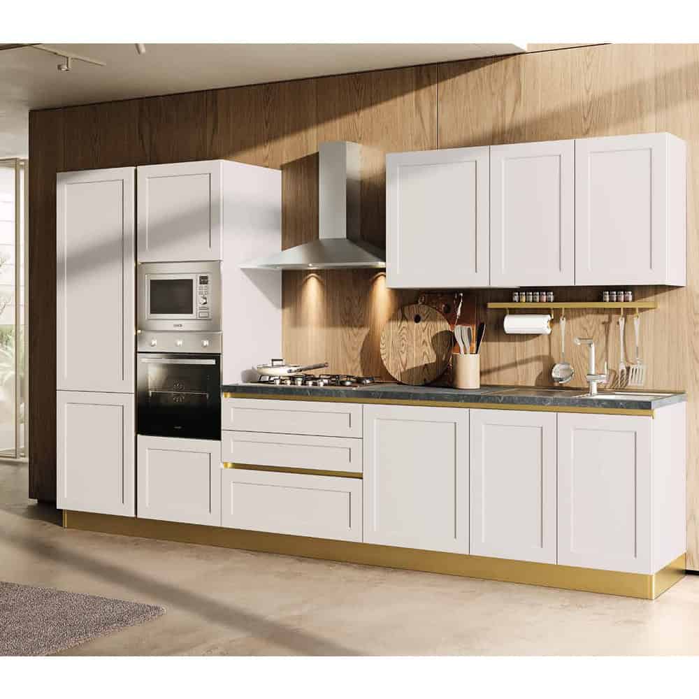 Cucina moderna bianca con elettrodomestici integrati e piano di lavoro in pietra, ambientata in uno spazio luminoso e elegante.