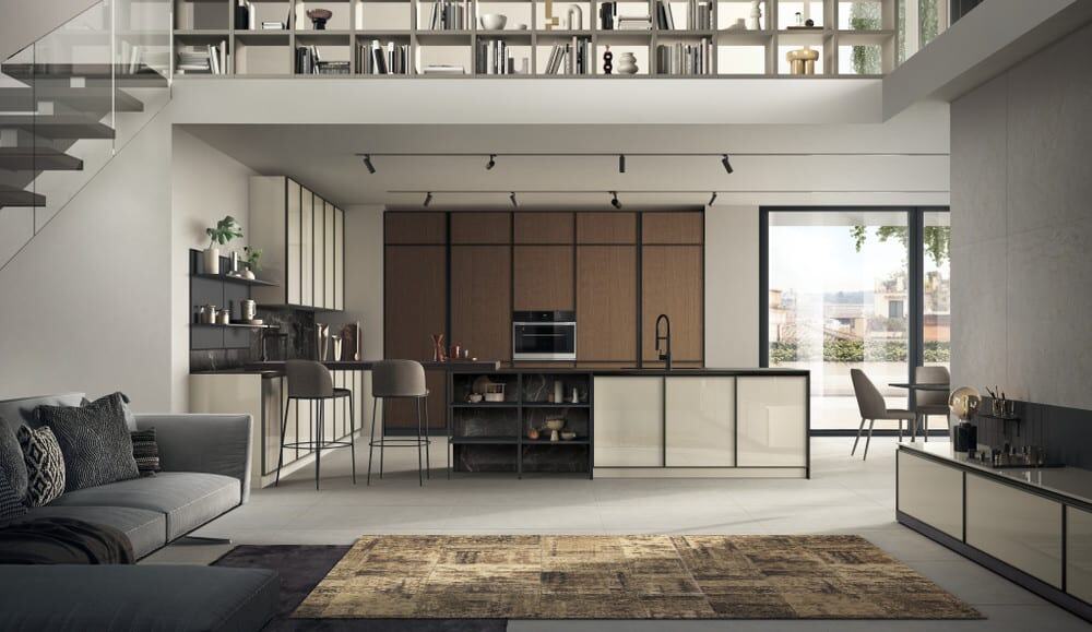 Jeometrica_pag_10_11 Elegant interior design di cucina e soggiorno con mobili moderni in stile minimalista, pareti bianche e dettagli in legno, ampia finestra naturale, ideale per case di design firmate Alpe Arredi.