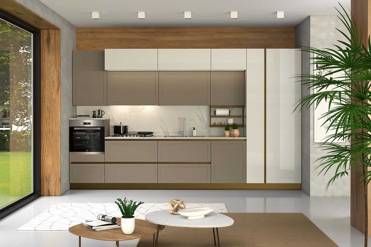 gaia pet Elegante cucina moderna in legno e tonalità neutre, con piani in marmo, arredamento curato nei dettagli, perfetta per uno stile di vita raffinato e funzionale.
