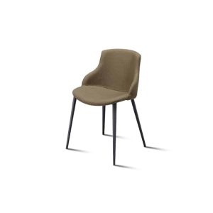 Elegante sedia moderna imbottita con struttura in metallo nero e rivestimento in tessuto beige, ideale per arredi di design e comfort nella casa o in ufficio.