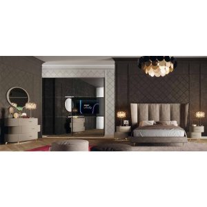 Elegante camera da letto moderna con arredi di alta qualità, elementi di design raffinato e illuminazione sofisticata, perfetta per spazi residenziali di lusso.