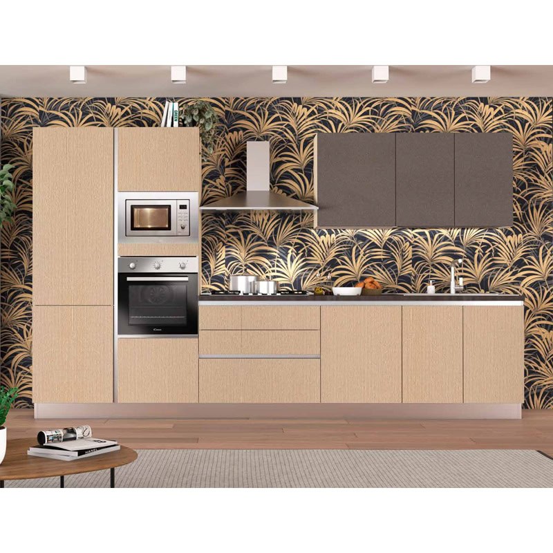 1 Elegante cucina moderna con mobili in legno chiaro e dettagli minimalisti, ideale per ambienti di design. Perfetta combinazione tra funzionalità e stile, con elettrodomestici integrati e pareti decorative con motivi naturali.