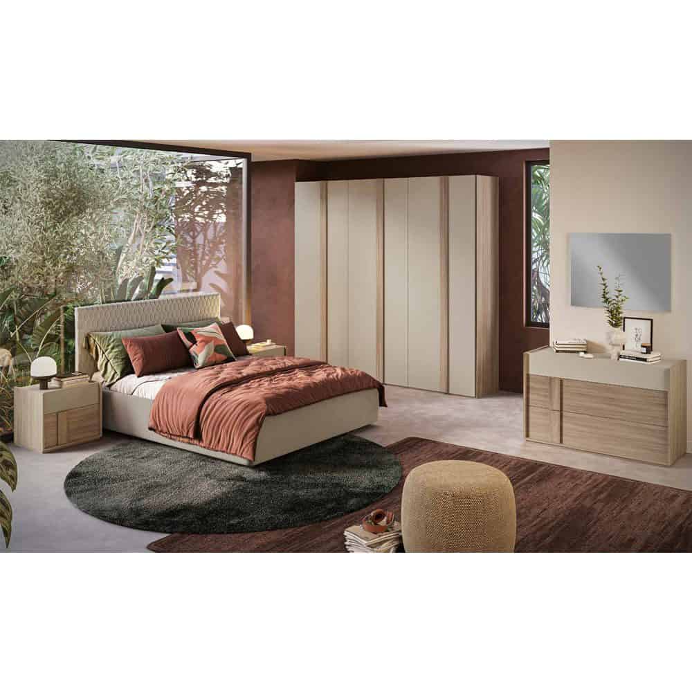 1 Elegante camera da letto con mobili in legno naturale e tonalità neutre, con cabine armadio e dettagli di design moderni, ideale per arredamenti contemporanei di alta qualità.