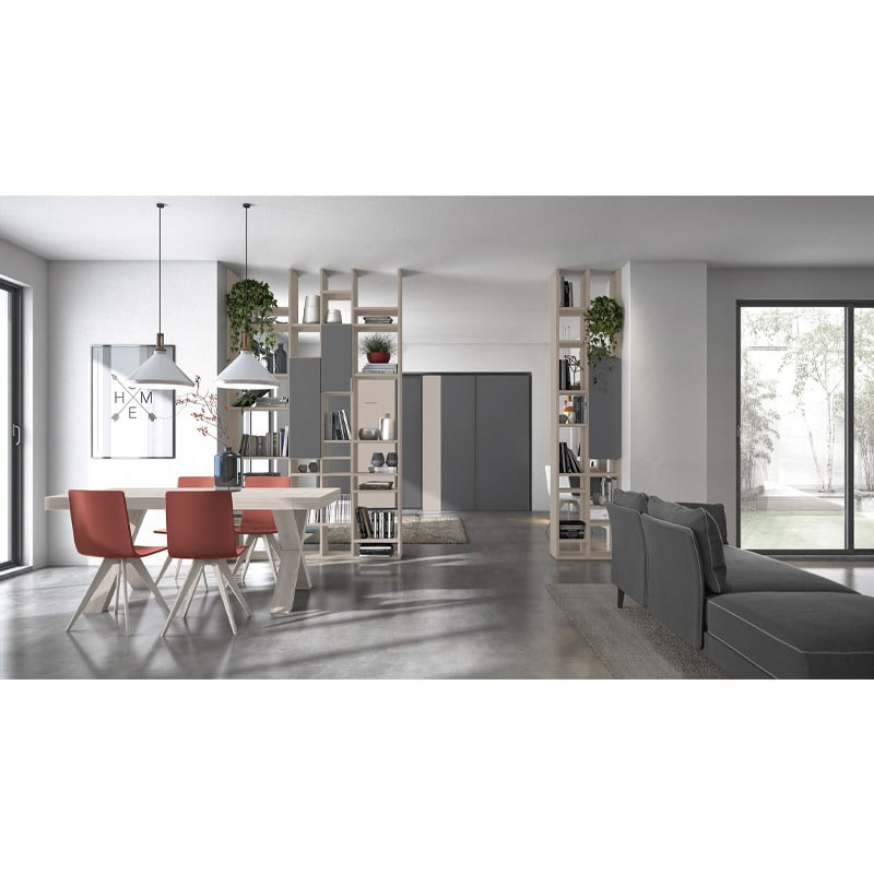 1 Design moderno di soggiorno con pareti attrezzate e scaffalature in legno naturale, arredamento elegante e funzionale, grandi finestre che illuminano l'ambiente, stile minimalista e raffinato Alpe Arredi.