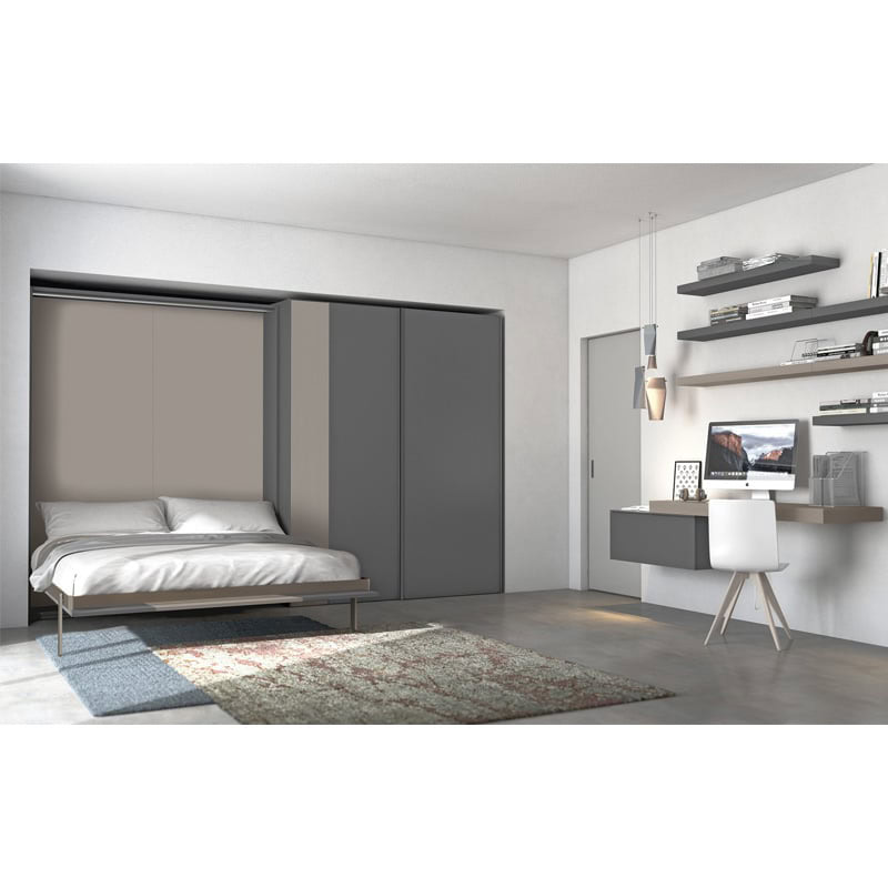 3 Elegante camera moderna con arredi su misura, letto matrimoniale, armadio a scorreta e scrivania, ambientazione minimalista e funzionale, perfetta per arredare con stile la zona notte.