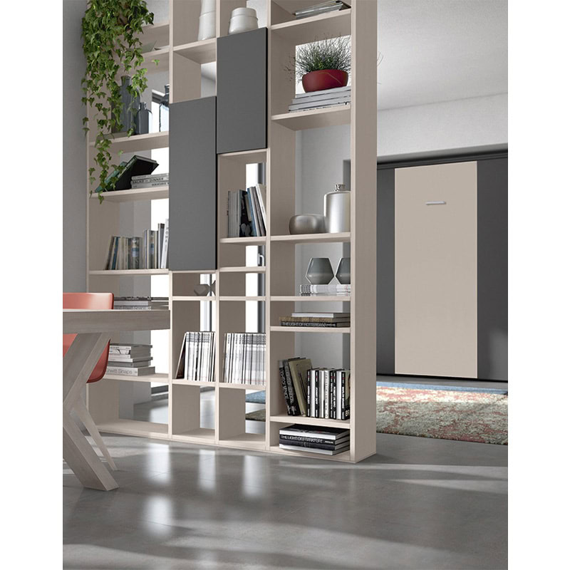4 Porta-scaffale moderno in legno con scomparti aperti e chiusi, ideale per arredo soggiorno e zona pranzo, design essenziale e funzionale, colore beige e grigio, coordinato con arredi di alta qualità.