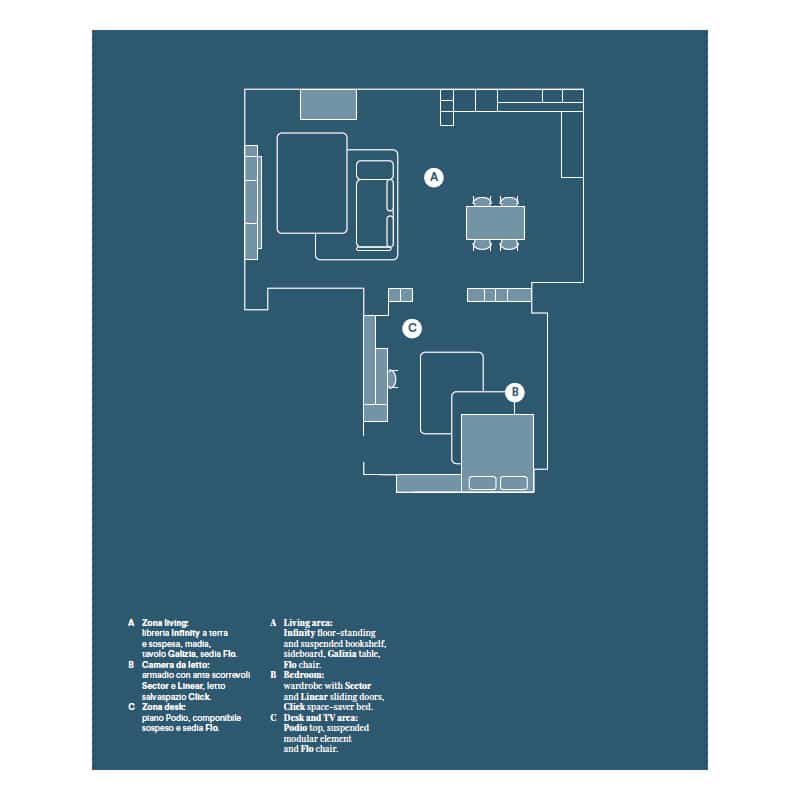 5 Elegante planimetria d'interni di un appartamento moderno con camere da letto e zona living attrezzata, ideale per arredamenti di design.