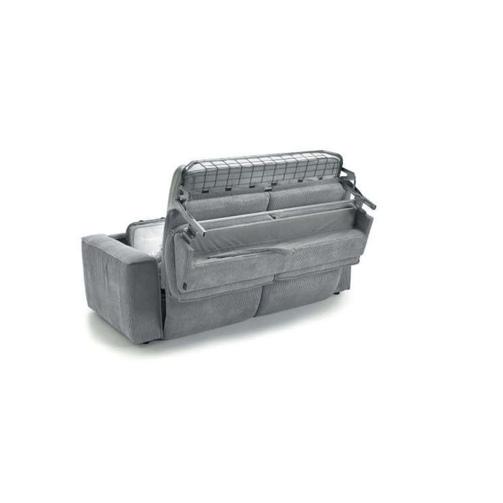 2 Divano letto grigio con vano contenitore, sistema ponteggio con rete a doghe, tessuto soft touch, gambe in metallo, soluzione salvaspazio e design moderno, ideale per soggiorni e camere multifunzionali.