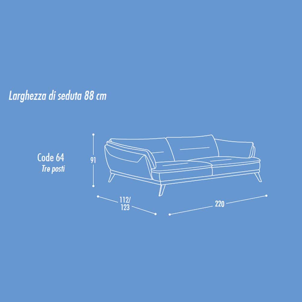 3 Codice 64 divano tre posti con dimensioni dettagliate e design elegante, ideale per arredare con stile living moderni e classici. Materiali di qualità e comfort superiore per ambienti raffinati.