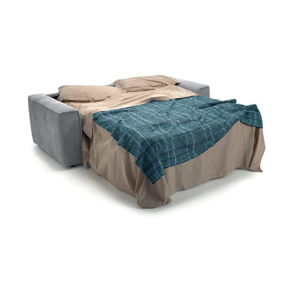 3 Elegant sofa bed with beige bedding and a plaid blanket, modern design for stylish living spaces. Perfect for relaxing and transforming your home with quality furniture.