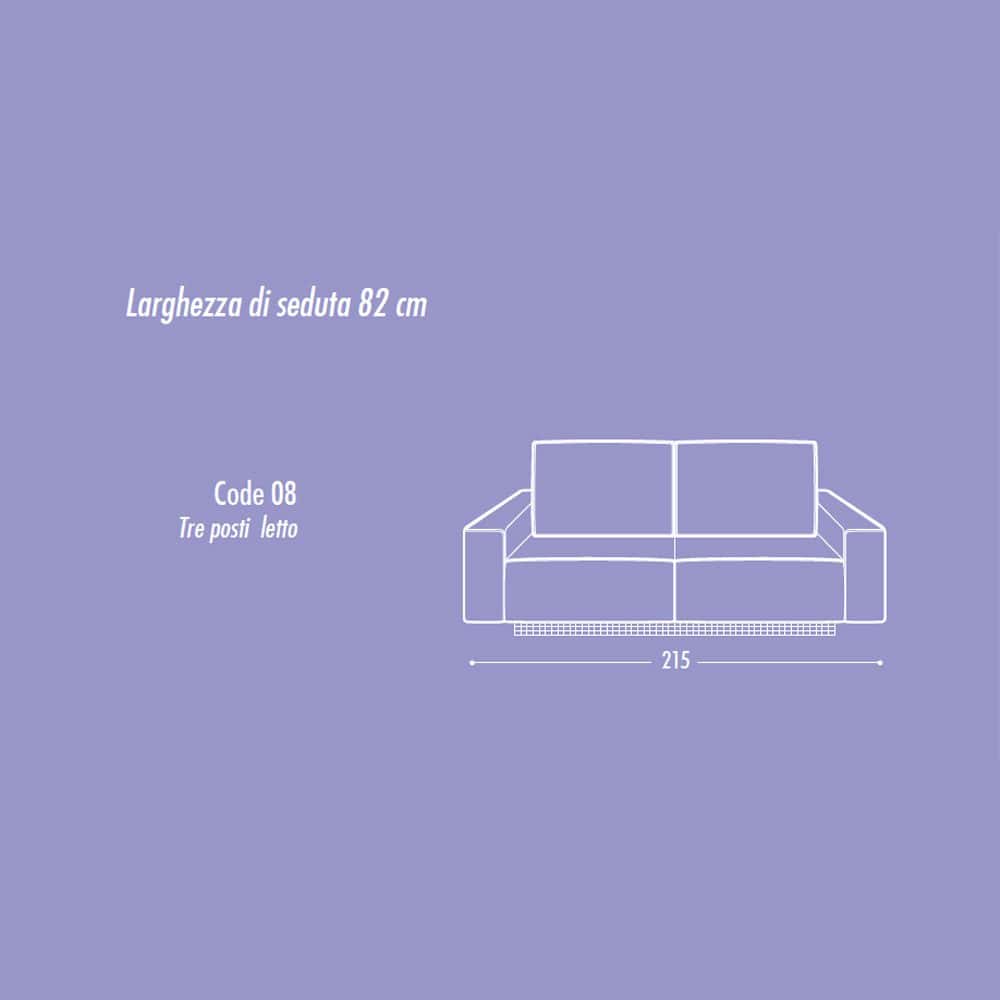 4 Design di divano con misure dettagliate e caratteristiche su Alpe Arredi | Divano moderno con dimensioni e capacità per tre persone, ideale per arredare soggiorni eleganti e funzionali in stile contemporaneo.