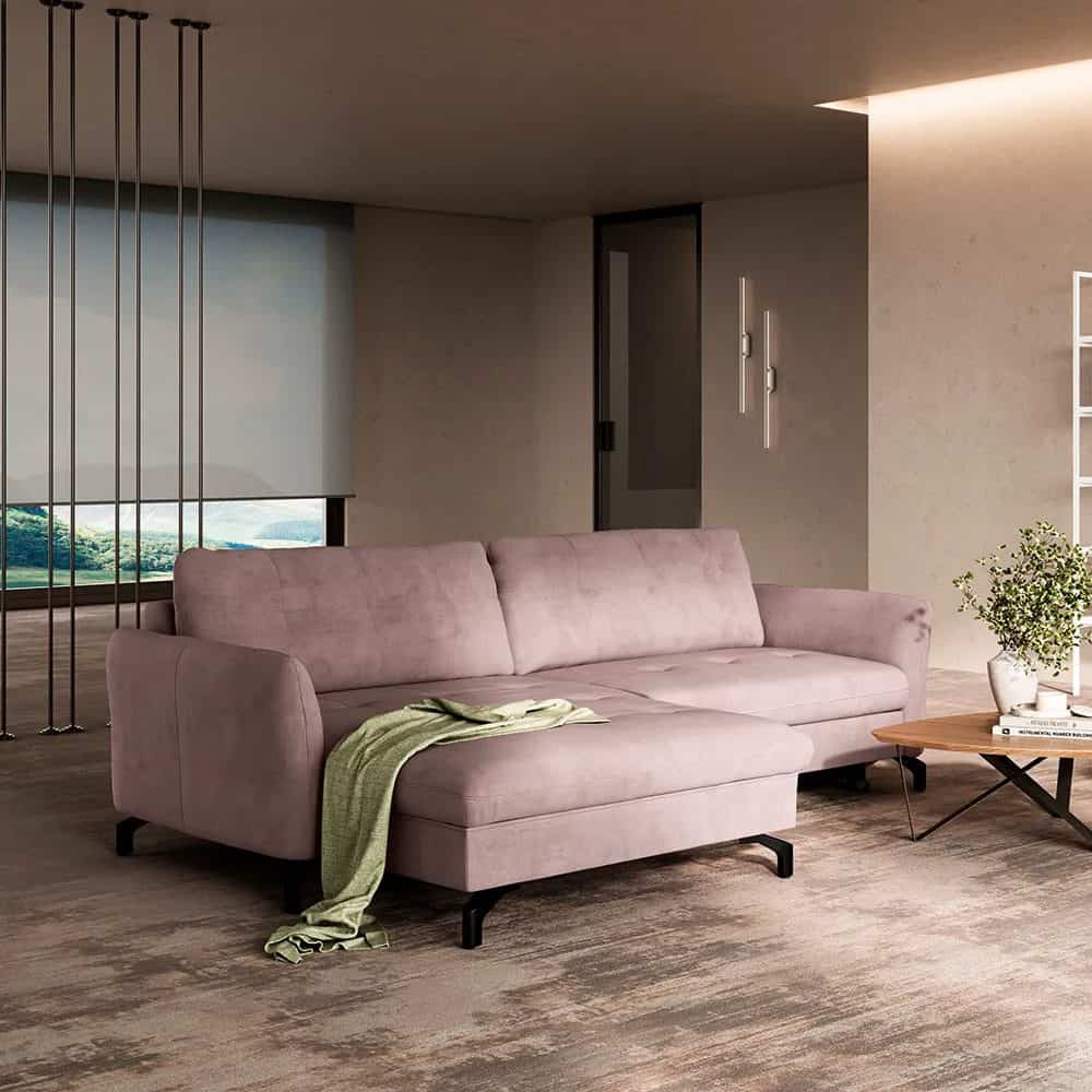 6 Elegante divano angolare in tessuto rosa pastello, perfetto per arredamenti moderni e di design, ambienti living di alta qualità.