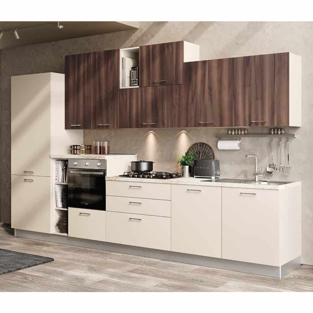 Cucina moderna con ante in legno scuro e mobili bianchi, dotata di forno, piano cottura e lavello, ideale per ambienti contemporanei.