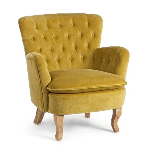 Poltrona ORLINS in tessuto giallo con schienale imbottito e braccioli, stile vintage, con gambe in legno curvato.