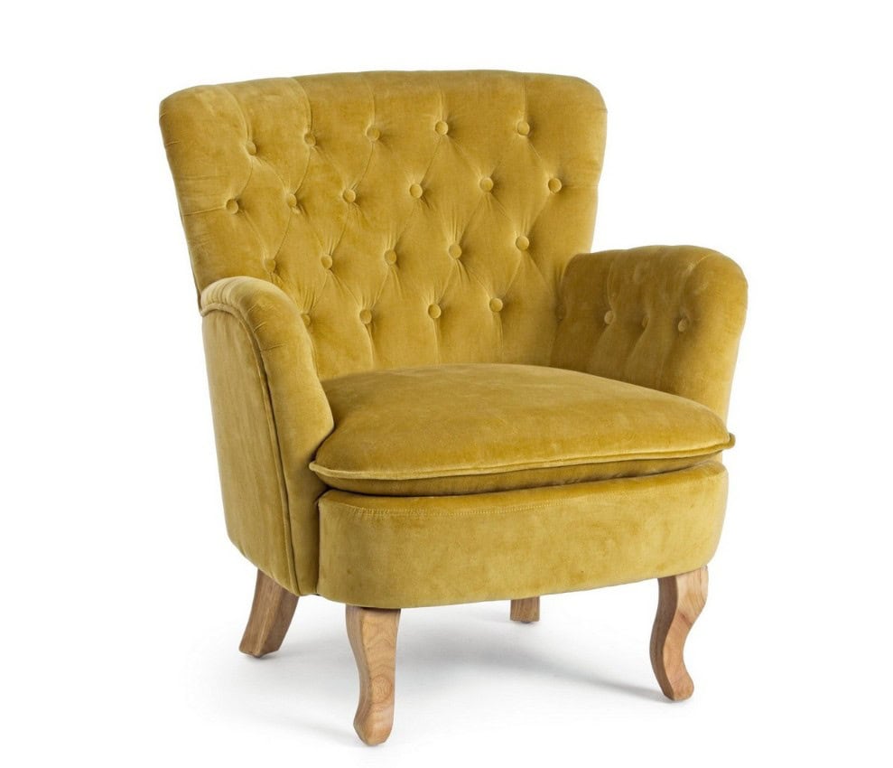 Poltrona ORLINS in tessuto giallo con schienale imbottito e braccioli, stile vintage, con gambe in legno curvato.