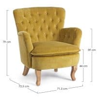 Poltrona ORLINS in tessuto giallo con dettagli in legno, stile classico e comodo design.
