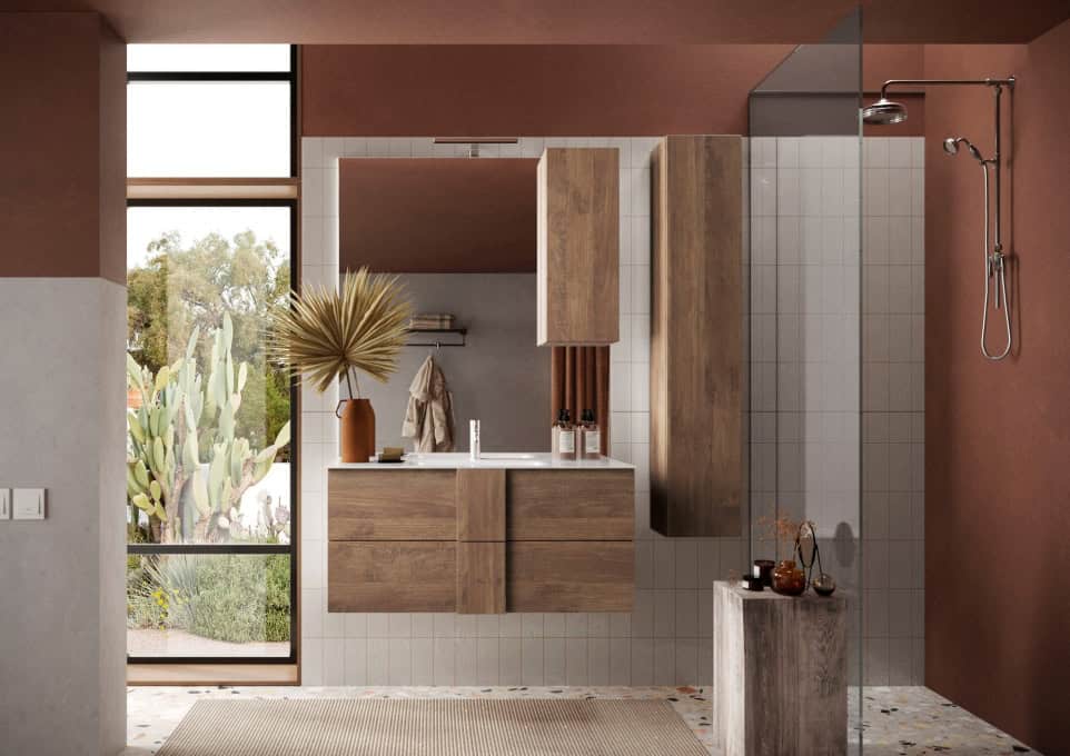 2911_jupiter-100-sospeso-mercure Lavabo e mobili in legno naturale in bagno moderno con dettagli minimalisti e decorazioni di stile rustico elegante.