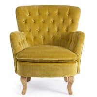 Poltrona ORLINS in velluto giallo con schienale imbottito e braccioli curvi, stile classico elegante.